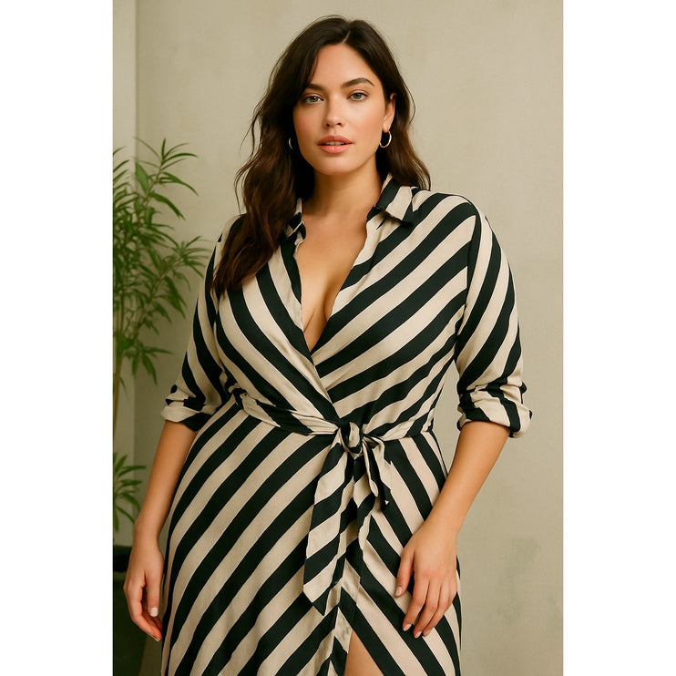 Eloquii Black White Striped Long Sleeve Slit Belted Button Maxi Shirt Dress 14