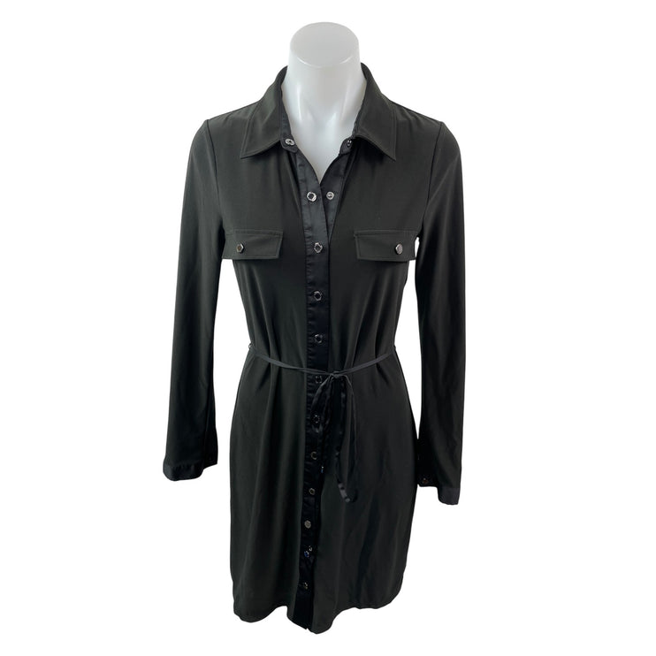 White House Black Market Black Long Sleeve Tie Button Down Mini Shirt Dress Sz S