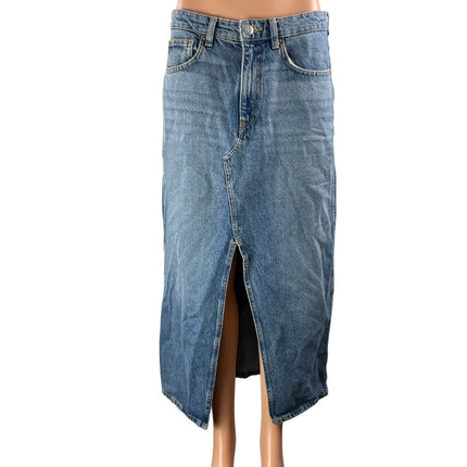 MNG Mango Women's Blue High Waist Slit Straight Midi Denim Jean Skirt Size M