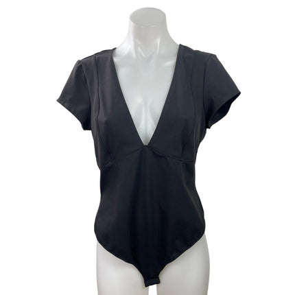 Free People Intimately Black Plunge V Neck Short Sleeve Bodysuit Top Size XS