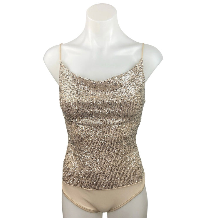 Chocolate NWT Tan Cowl Neck Sequined Embellished Spaghetti Strap Bodysuit Size M