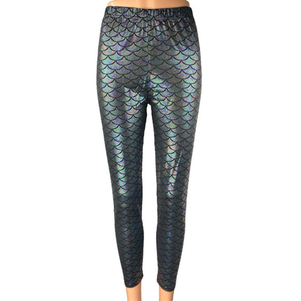 Women's Black Mermaid Scale Print Skinny High Rise Trousers Leggings Pants Sz M