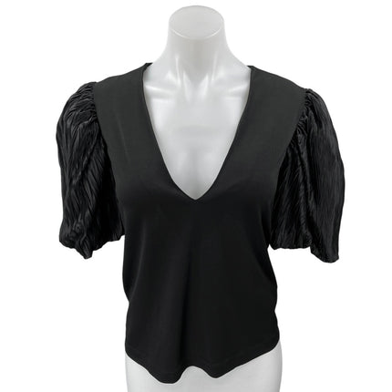 Zara Women's Black Short Puff Sleeve Plunge V-Neck Pullover Blouse Top Size M