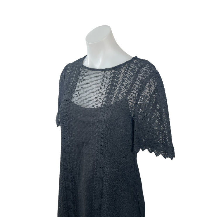 Nanette Lepore Women's Black Sheer Lace Short Sleeve Mini A-Line Shift Dress 12