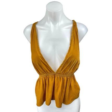 Urban Outfitters Gold Velvet Velour Plunging Sleeveless Peplum Blouse Top Size L