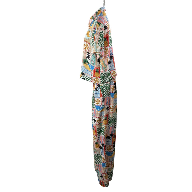 Skies Are Blue Graphic Print Tropical Button Down Shirt Pants 2 Piece Set Size L