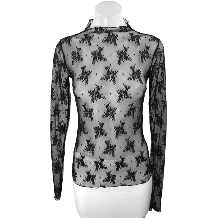 Free People Black Mesh Sheer Long Sleeve Mock Neck Floral Blouse Top Size S