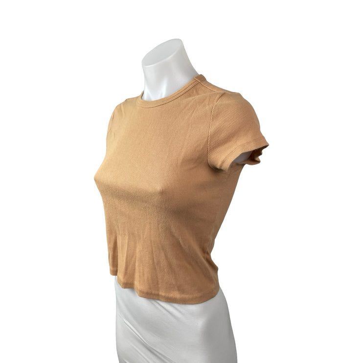 Anthropologie Maeve Tan Ribbed Knit Short Sleeve Baby Tee T Shirt Top Size M