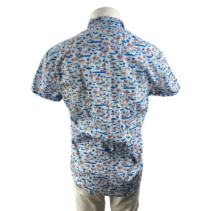 J.Crew Mens Blue Flamingo Print Short Sleeve Pocket Button Down Shirt Top Size M