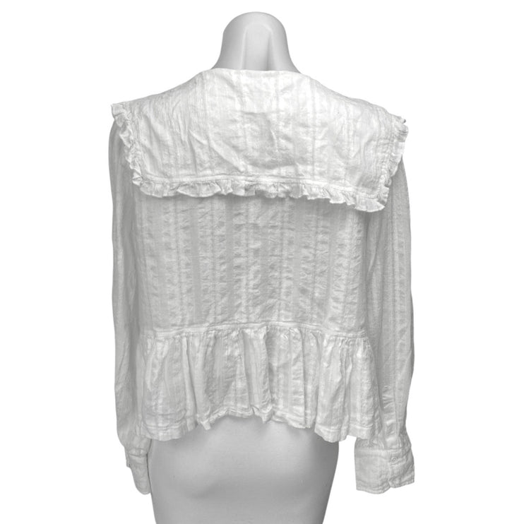Peppermayo White Long Sleeve Tie Knot Collared Ruffle Peplum Blouse Top Size 8