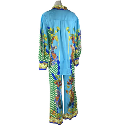 Women's Multicolor Floral Checkered Satin Button Down Shirt & Wde Leg Pants M