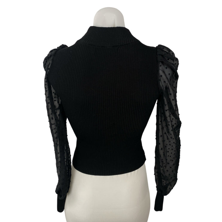 Crave Fame Women's Black Swiss Dot Long Sleeve Mesh Mock Neck Blouse Top Size XS