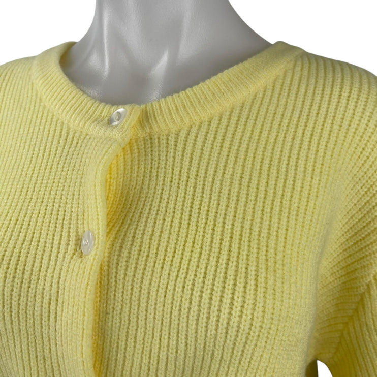 Women's Yellow Ribbed Knit Short Sleeve Button Down Blouse Shirt Top Size M
