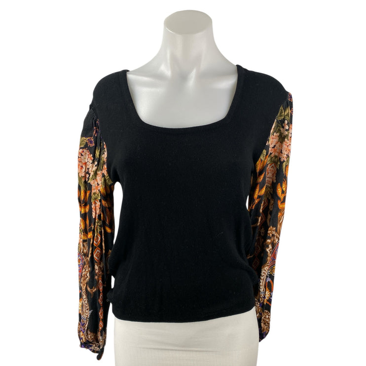 Anthropologie Blank London Black Flora Long Sleeve Square Neck Blouse Top Size S