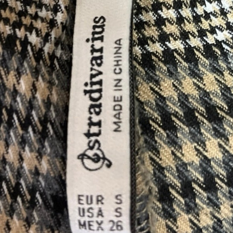 Stradivarius Black Beige Houndstooth Plaid High Rise Cropped Dress Pants Size S