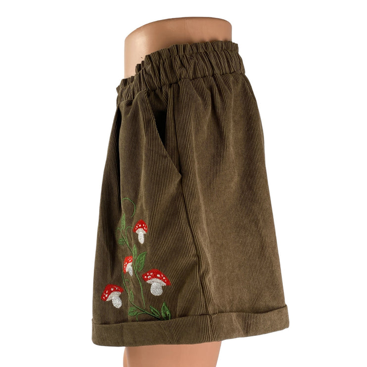Women's Corduroy Fairycore Embroidered Elastic Waist Wide Leg Paperbag Shorts M