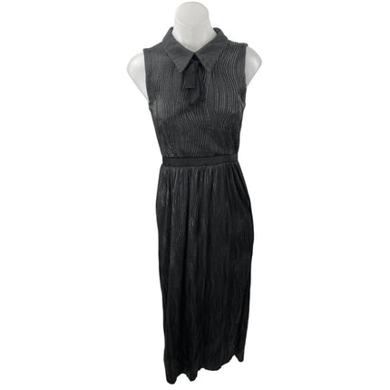 Hunter Bell Black Sleeveless Plisse Pleated Collared Bow Maxi Sheath Dress Sz 0
