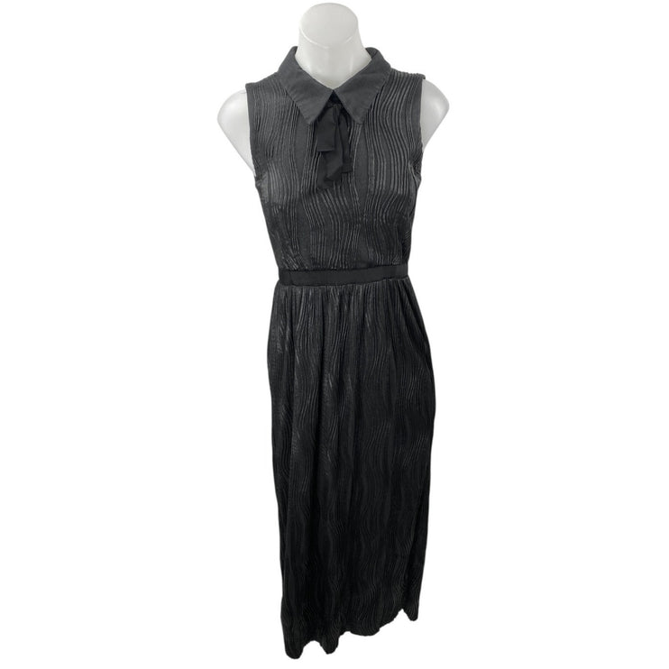 Hunter Bell Black Sleeveless Plisse Pleated Collared Bow Maxi Sheath Dress Sz 0