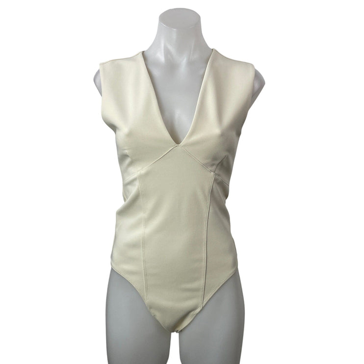 Abercrombie & Fitch Women's Cream Sleeveless Crepe Plunge V-neck Bodysuit Top M