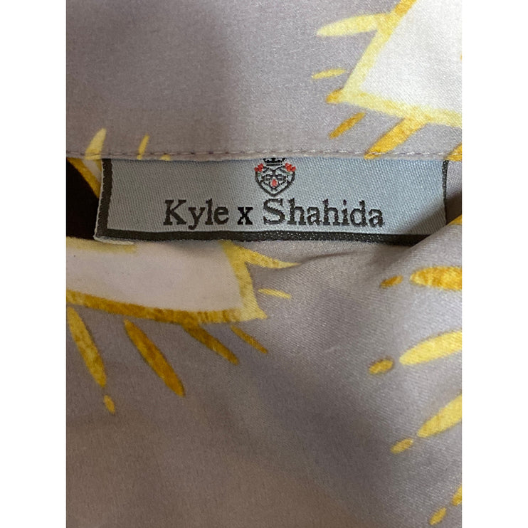 Kyle x Shahida 100% Silk Evil Eye Collared Half Sleeve Button Down Shirt Top L