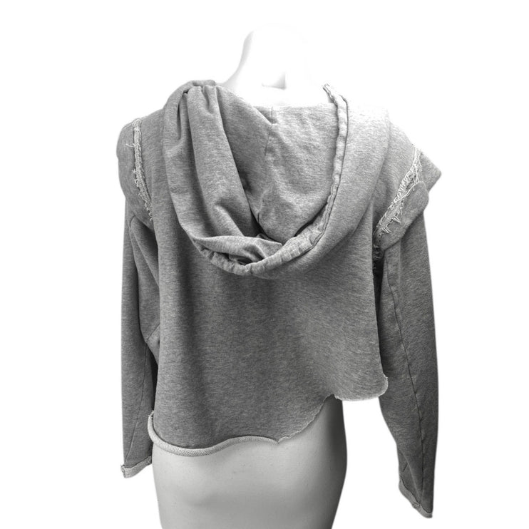 Free People Women's Gray Distressed Long Sleeve Hooded Hoodie Crop Sweatshirt M