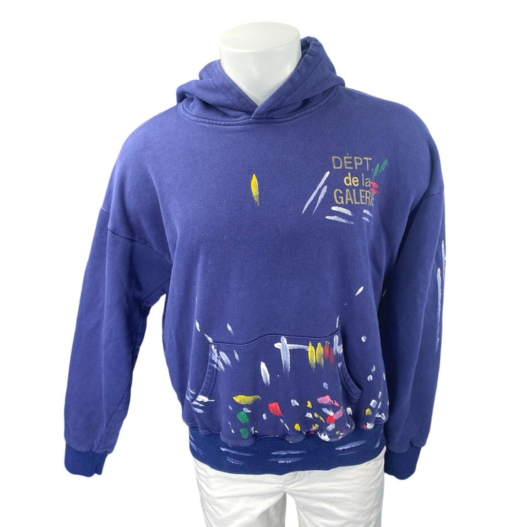 Gallery Dept Men's Blue Paint Graphic Logo Hoodie Hooded Sweatshirt Top Size L698