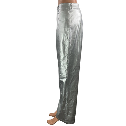 Commense Women's Silver Metallic High Rise Baggy Wide Leg Trousers Pants Size M