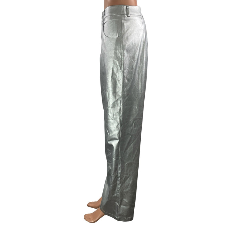 Commense Women's Silver Metallic High Rise Baggy Wide Leg Trousers Pants Size M