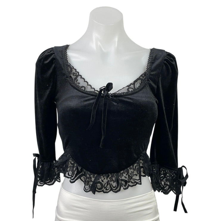 Dolls Kill Widow Black Velvet Velour Lace Sheer 3/4 Sleeve Crop Blouse Top XXS