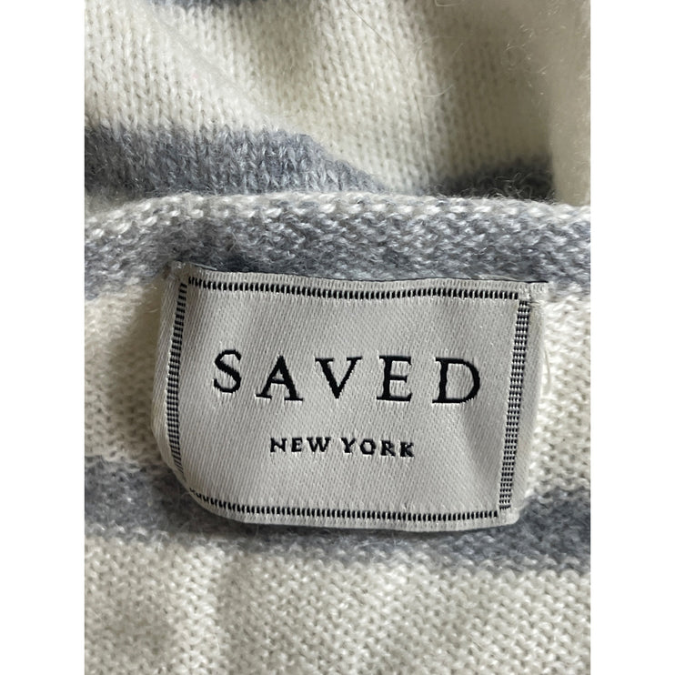 SAVED New York Gray White Striped Long Sleeve V Neck Sweater Shirt Top Size M/L