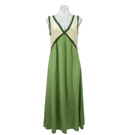 Rotimia Green Cream Sleeveless V Neck Colorblock Pleated A Line Maxi Dress S
