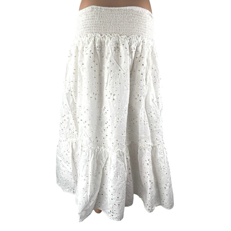 Jennifer & Grace White Floral Smocked Tiered Eyelet Midi Boho A-Line Skirt Sz XL