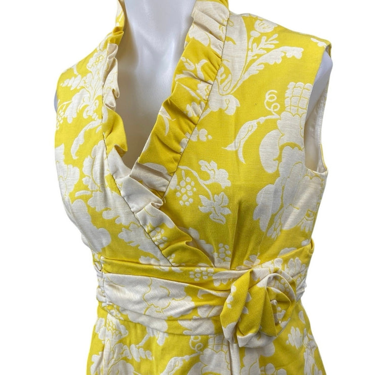 Jessica Howard Yellow Floral Ruffle Faux Wrap Sleeveless Mini Pencil Dress 10P