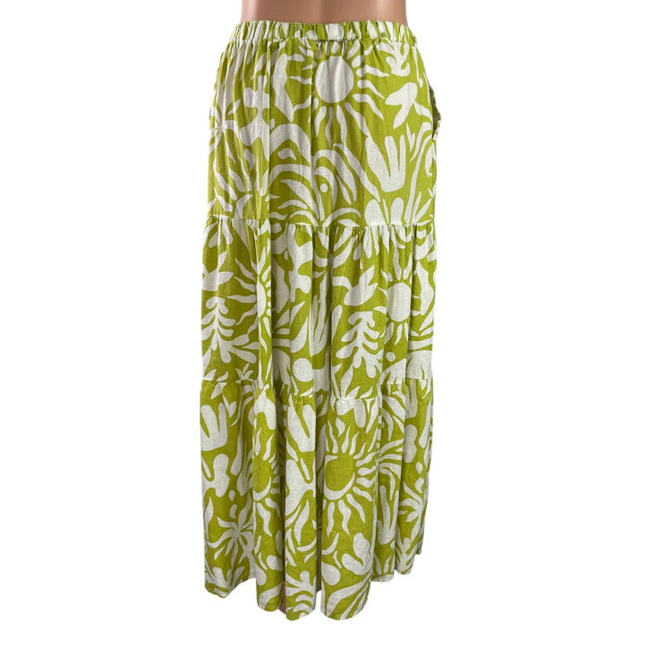 Christian Siriano Womens Green Floral Elastic Waist Tiered Midi A-Line Skirt L