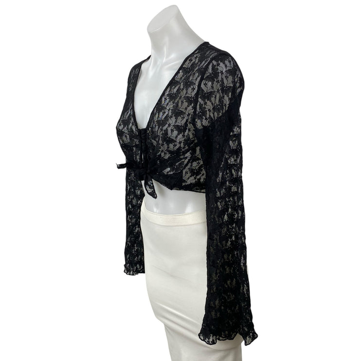 H&M Women's Black Butterfly Floral Lace Mesh Sheer Long Sleeve Crop Top Size M