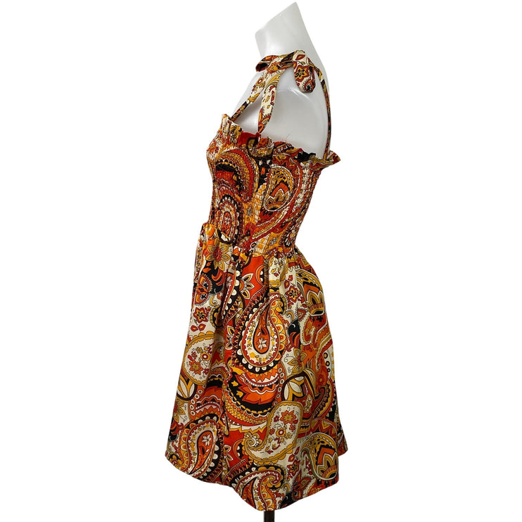 Boohoo Orange Paisley Floral Tie Sleeveless Smocked Fit & Flare Mini Dress Sz 4