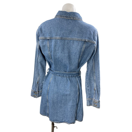 Zara Women's Blue Long Sleeve Tie Waist Button Up Denim Jean Shirt Dress Size L