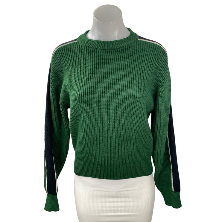 Zara Green Ribbed Crew Neck Shoulder Stripe Long Sleeve Sweatshirt Sweater Top M