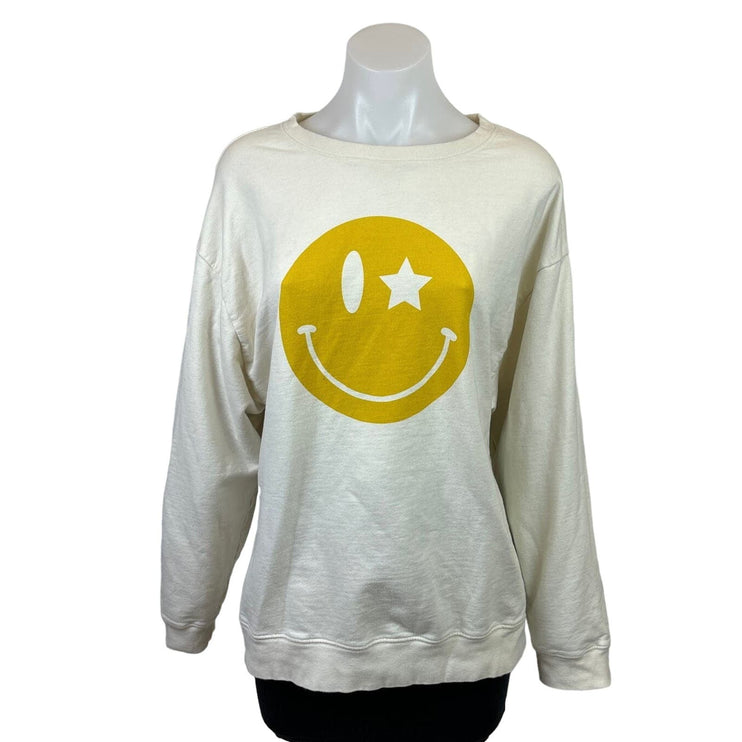 South Parade Womens Smiley Star Eye Oversized White Long Sleeve Sweatshirt S