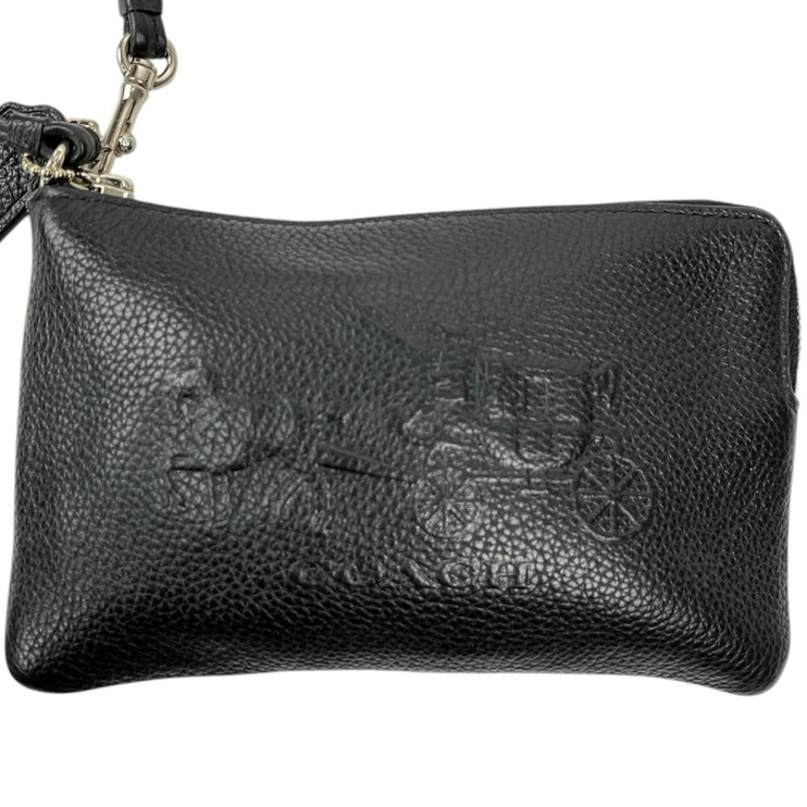 Coach Jes Black Leather Corner Zip Horse And Carriage Wristlet Clutch Wallet