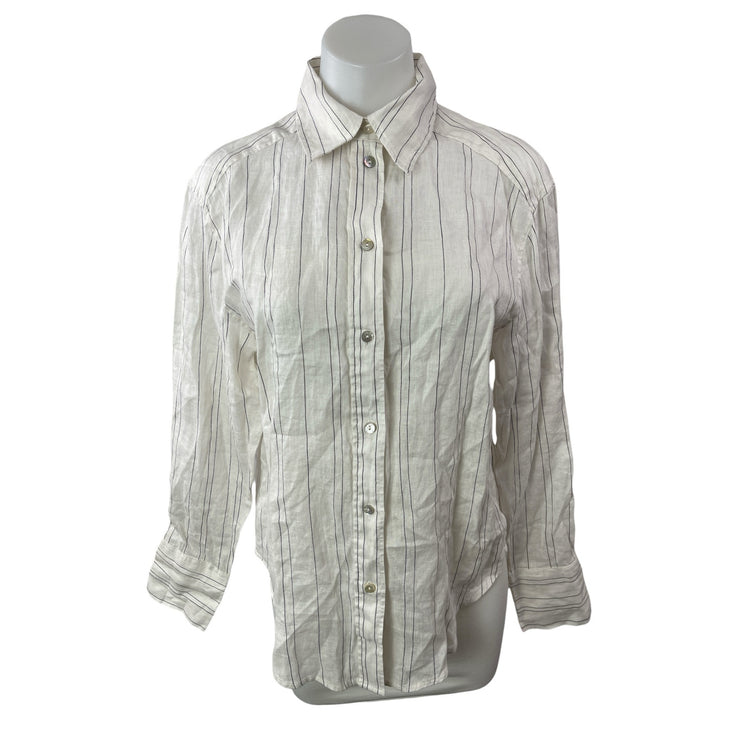 NEW H&M Women's White Striped 100% Linen Long Sleeve Button Up Shirt Top Size XS