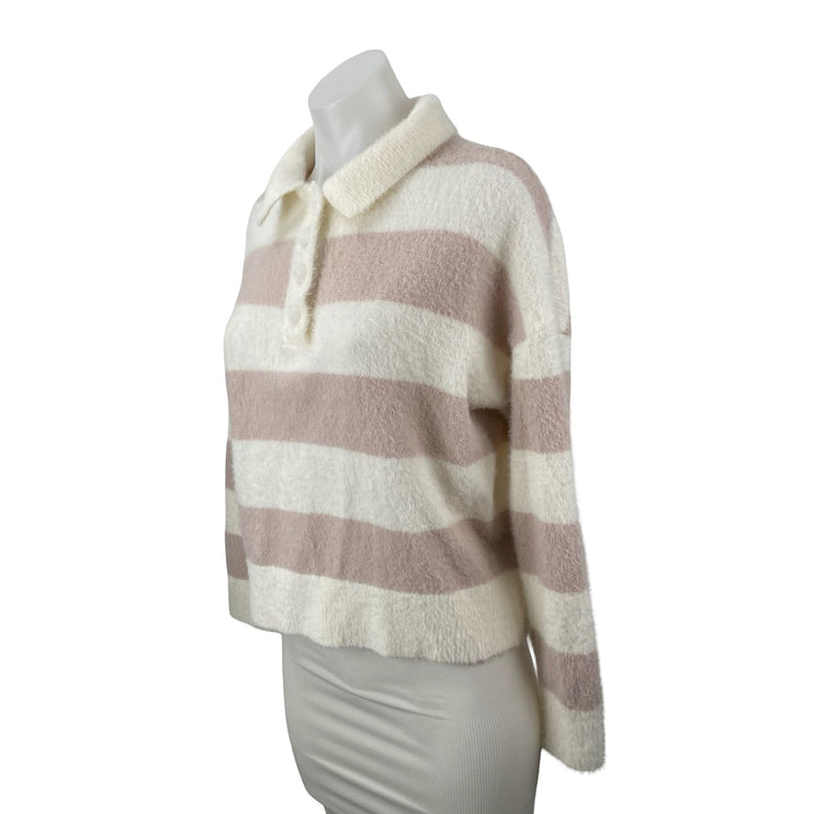 Nikka K Women's Stripe Collared Long Sleeve Button Polo Sweatshirt Sweater Top M