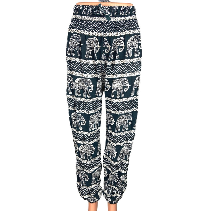 Women's Black White Drawstring Tribal Asian High Waisted Jogger Pants Size S