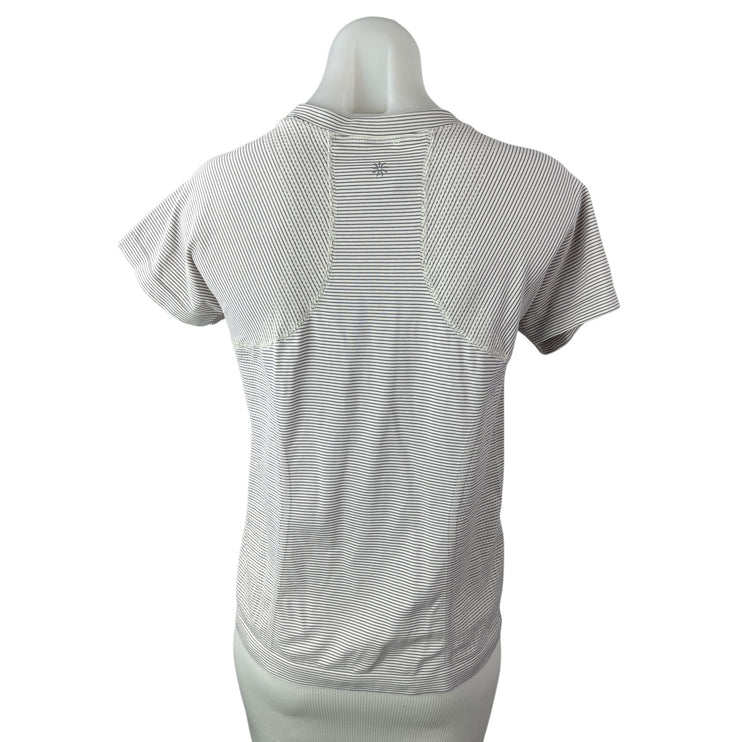 Athleta Women's White Striped Crew Neck Short Sleeve Sports Tee T-Shirt Top Sz M