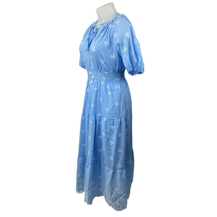 Women's Blue Embroidered Smocked Tiered Tie Neck Puff Sleeve Midi Flare A-Line L