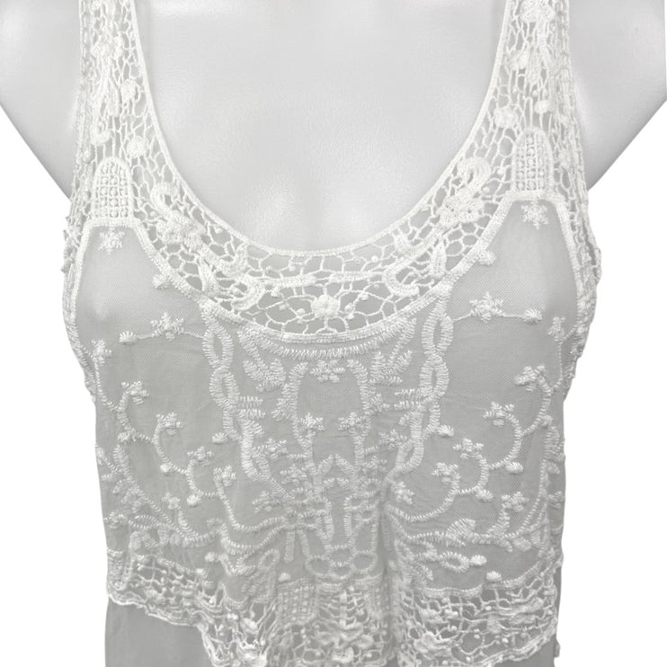 Vintage Havana White Lace Embroidered Crochet Racerback Sheer Coverup Tank Top L