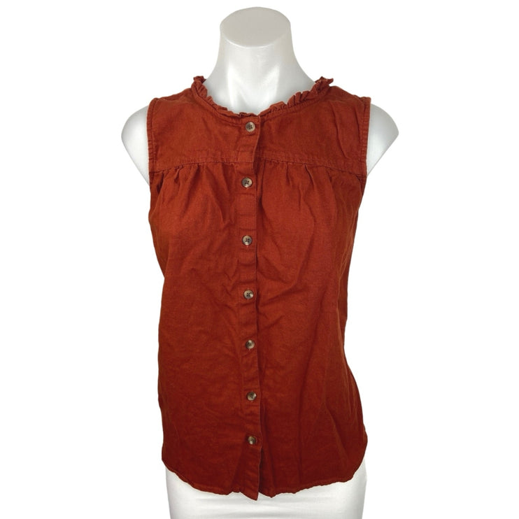 Sonoma Brown Linen Sleeveless Crew Neck Ruffle Button Down Shirt Top Size L