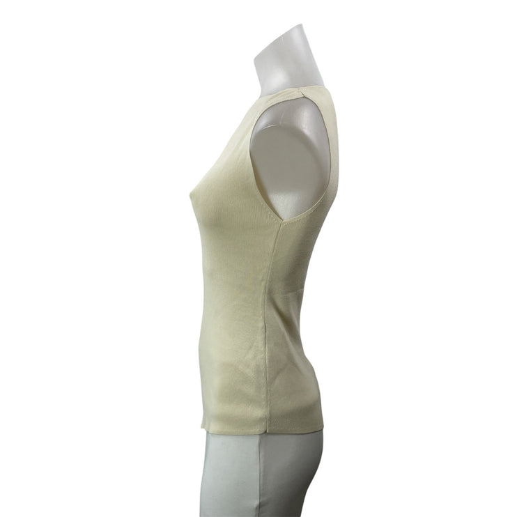 DISSH Womens Beige Sleeveless Knit Asymmetrical Draped Boat Neck Blouse Top Sz S