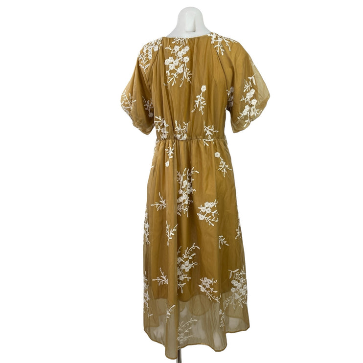 Dazy Women Yellow Brown Short Puff Sleeves Floral Casual Peasant Midi Dress M