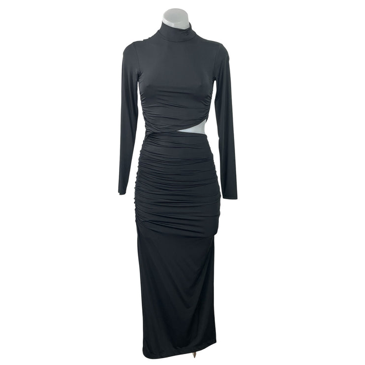Zara Women's Black Long Sleeve Cutout Waist Mock Neck Maxi Bodycon Dress Size 2